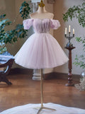 Purple Tulle Short A-Line Party Dress, Lovely Off the Shoulder Evening Dress HZ1024