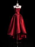 Burgundy Satin Hight Low Prom Dress, Lovely A-Line Strapless Party Dress HZ1024