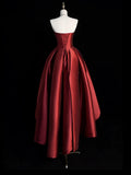Burgundy Satin Hight Low Prom Dress, Lovely A-Line Strapless Party Dress HZ1024