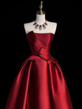 Burgundy Satin Hight Low Prom Dress, Lovely A-Line Strapless Party Dress HZ1024