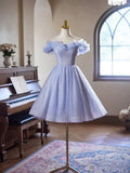 Lilac Tulle Knee Length Prom Dress, Lovely A-Line Off the Shoulder Evening Party Dress HZ1024