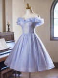 Lilac Tulle Knee Length Prom Dress, Lovely A-Line Off the Shoulder Evening Party Dress HZ1024