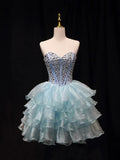 Blue Tulle Crystal Short Party Dress, A-Line Strapless Evening Party Dress HZ1024
