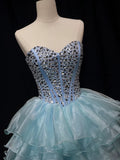 Blue Tulle Crystal Short Party Dress, A-Line Strapless Evening Party Dress HZ1024