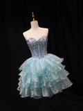 Blue Tulle Crystal Short Party Dress, A-Line Strapless Evening Party Dress HZ1024