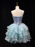 Blue Tulle Crystal Short Party Dress, A-Line Strapless Evening Party Dress HZ1024