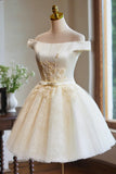 Lovely Knee Length Tulle Party Dress, Champagne Off the Shoulder Homecoming Dress HZ1024