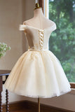 Lovely Knee Length Tulle Party Dress, Champagne Off the Shoulder Homecoming Dress HZ1024