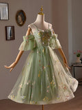 Green Floral Tulle A-Line Knee Length Party Dress, Lovely Spaghetti Strap Evening Prom Dress HZ1024