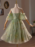 Green Floral Tulle A-Line Knee Length Party Dress, Lovely Spaghetti Strap Evening Prom Dress HZ1024