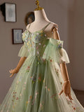 Green Floral Tulle A-Line Knee Length Party Dress, Lovely Spaghetti Strap Evening Prom Dress HZ1024