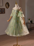 Green Floral Tulle A-Line Knee Length Party Dress, Lovely Spaghetti Strap Evening Prom Dress HZ1024