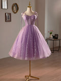 Purple Tulle A-Line Knee Length Party Dress, Lovely Spaghetti Strap Evening Prom Dress HZ1024