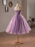 Purple Tulle A-Line Knee Length Party Dress, Lovely Spaghetti Strap Evening Prom Dress HZ1024