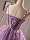 Purple Tulle A-Line Knee Length Party Dress, Lovely Spaghetti Strap Evening Prom Dress HZ1024