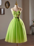 Beautiful Green Lace Flower Short Party Dress, Lovely Spaghetti Straps Sleeveless Backless Evening Dress HZ1024