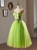 Beautiful Green Lace Flower Short Party Dress, Lovely Spaghetti Straps Sleeveless Backless Evening Dress HZ1024
