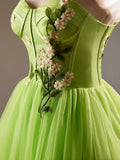 Beautiful Green Lace Flower Short Party Dress, Lovely Spaghetti Straps Sleeveless Backless Evening Dress HZ1024