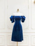 Blue Velvet A-Line Short Prom Dress with Pearls, Off the Shoulder Evening Party Dress HZ1024