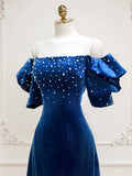 Blue Velvet A-Line Short Prom Dress with Pearls, Off the Shoulder Evening Party Dress HZ1024