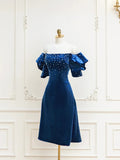 Blue Velvet A-Line Short Prom Dress with Pearls, Off the Shoulder Evening Party Dress HZ1024