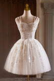 A-Line Tulle Beaded Short Prom Dress, Light Champagne Spaghetti Strap Party Dress HZ1024