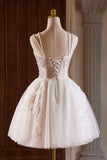 A-Line Tulle Beaded Short Prom Dress, Light Champagne Spaghetti Strap Party Dress HZ1024