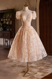Cute Tulle Flower Tea Length Prom Dress, Beautiful Short Sleeve A-Line Evening Party Dress HZ1024