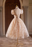 Cute Tulle Flower Tea Length Prom Dress, Beautiful Short Sleeve A-Line Evening Party Dress HZ1024