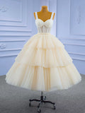 Champagne Tea Length Tulle Beaded Party Dress, Charming A-line Evening Graduation Dress HZ1024