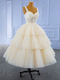 Champagne Tea Length Tulle Beaded Party Dress, Charming A-line Evening Graduation Dress HZ1024