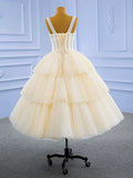 Champagne Tea Length Tulle Beaded Party Dress, Charming A-line Evening Graduation Dress HZ1024