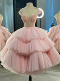 Pink Tea Length Tulle Beaded Party Dress, Charming A-line Evening Graduation Dress HZ1024