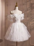Ivory Spaghetti Strap Tulle Short Prom Dress, Lovely A-Line Evening Party Dress HZ1024