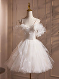 Ivory Spaghetti Strap Tulle Short Prom Dress, Lovely A-Line Evening Party Dress HZ1024