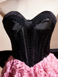 Black Satin and Pink Ruffle Flower Short Prom Dress, Lovely A-Line Strapless Bow Party Cocktail Dress HZ1024