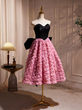 Black Satin and Pink Ruffle Flower Short Prom Dress, Lovely A-Line Strapless Bow Party Cocktail Dress HZ1024