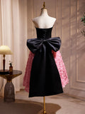 Black Satin and Pink Ruffle Flower Short Prom Dress, Lovely A-Line Strapless Bow Party Cocktail Dress HZ1024