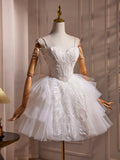 White Spaghetti Strap Tulle Beaded Short Prom Dress, Cute A-Line Party Dress HZ1024