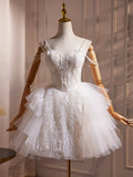 White Spaghetti Strap Tulle Beaded Short Prom Dress, Cute A-Line Party Dress HZ1024