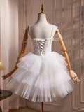 White Spaghetti Strap Tulle Beaded Short Prom Dress, Cute A-Line Party Dress HZ1024