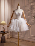 White Spaghetti Strap Tulle Beaded Short Prom Dress, Cute A-Line Party Dress HZ1024