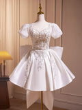 White Satin Beaded Knee Length Prom Dress, Cute A-Line Short Sleeve Party Dress with Bow HZ1024