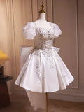 White Satin Beaded Knee Length Prom Dress, Cute A-Line Short Sleeve Party Dress with Bow HZ1024