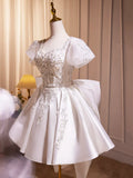 White Satin Beaded Knee Length Prom Dress, Cute A-Line Short Sleeve Party Dress with Bow HZ1024