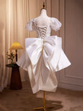 White Satin Beaded Knee Length Prom Dress, Cute A-Line Short Sleeve Party Dress with Bow HZ1024