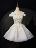 White Flowers Lace Short Prom Dress, Lovely A-Line Evening Party Dress HZ1024