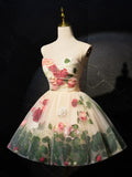 Champagne Scoop Neck Short Prom Dress with Flowers, Cute A-Line Party Dress HZ1024