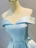 Simple Short Light Blue Satin Party Dress, Blue A-Line Off the Shoulder Evening Dress HZ1024