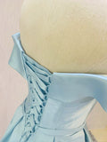 Simple Short Light Blue Satin Party Dress, Blue A-Line Off the Shoulder Evening Dress HZ1024